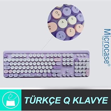 Microcase Mofii Ayıcık Desenli Kablosuz Türkçe Klavye Mouse Set, Mor, Renkli Yuvarlak Tuşlu