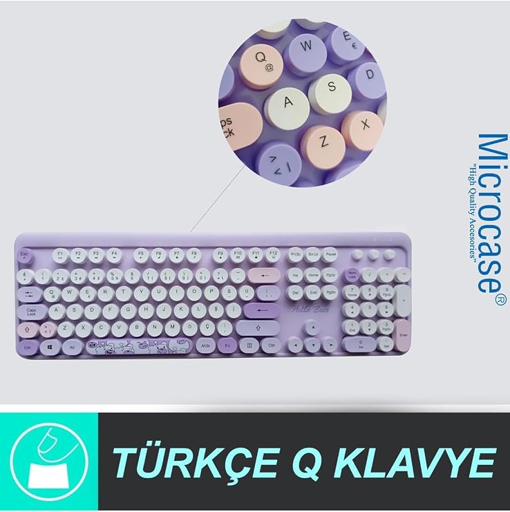 Microcase Mofii Ayıcık Desenli Kablosuz Türkçe Klavye Mouse Set, Mor, Renkli Yuvarlak Tuşlu