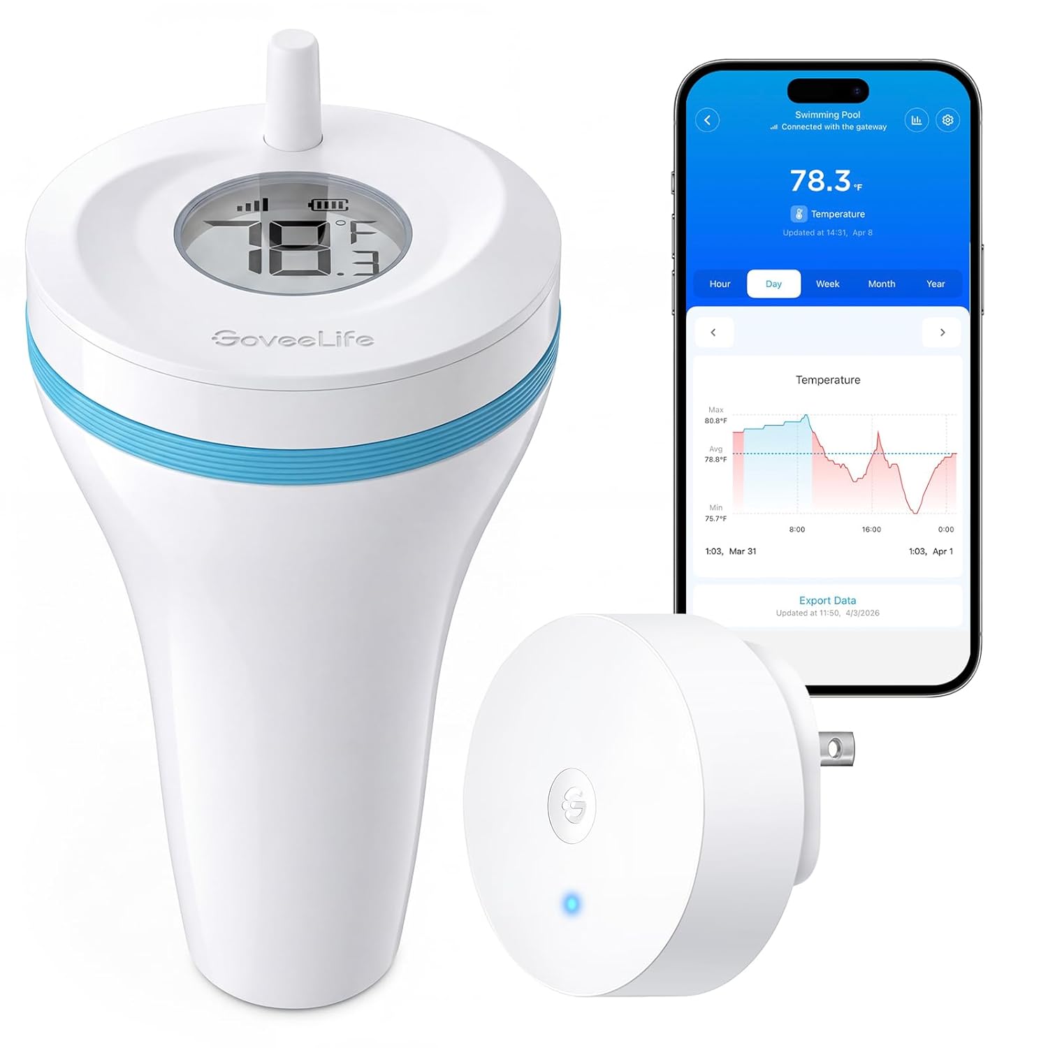 GoveeLife Smart Wireless Pool Thermometer P2 with WiFi Gateway, Easy Read Digital Floating Thermometer with IP68 Waterproof, Ultra 1082ft, Water Thermometer with Alarm, for Swimming, Ice Bath, Pond