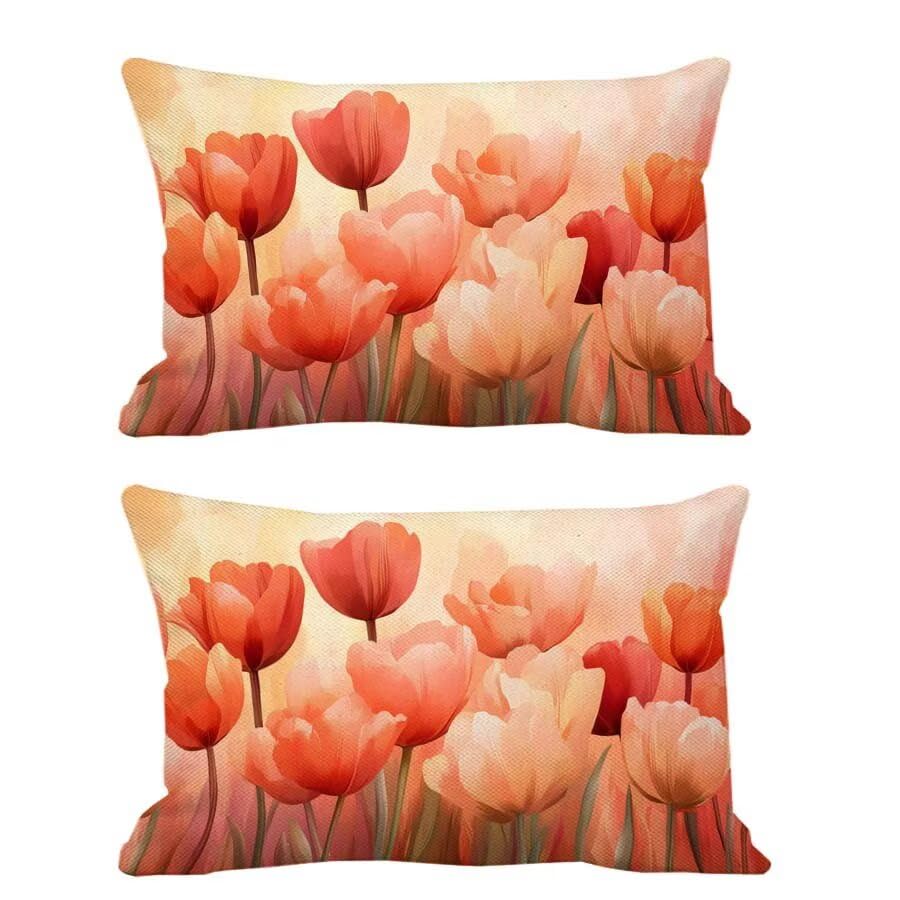 Housse coussin tulipes velours imperméable rose 40x60 pour chaise, salon et jardin d'extérieur