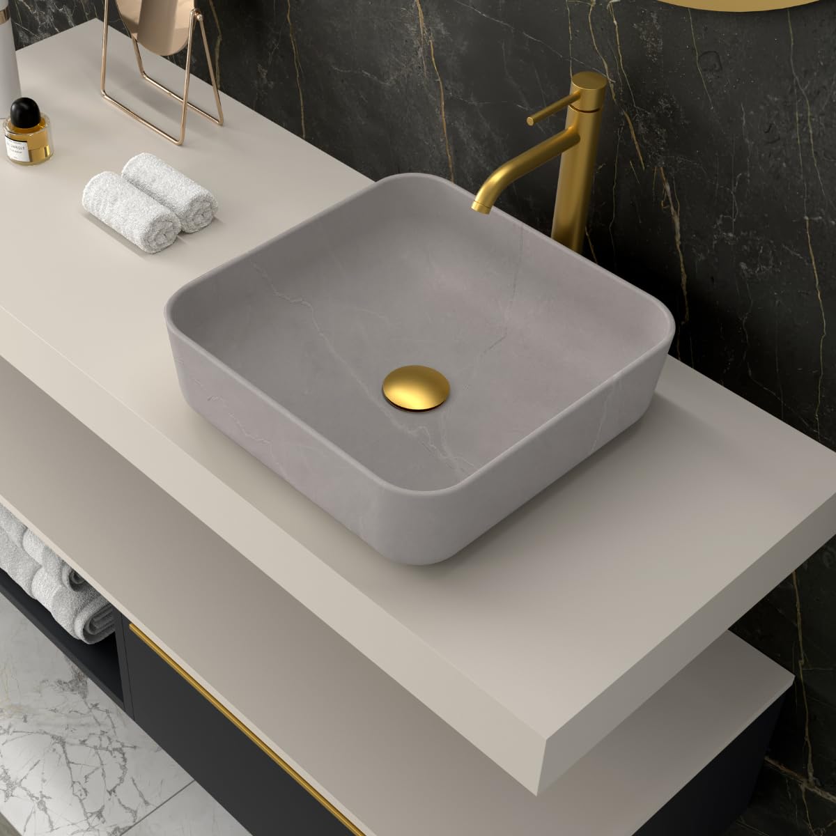 Lavabo Sobre Encimera Gris Cemento | Lavamanos Cuadrado | 37 x 37cm