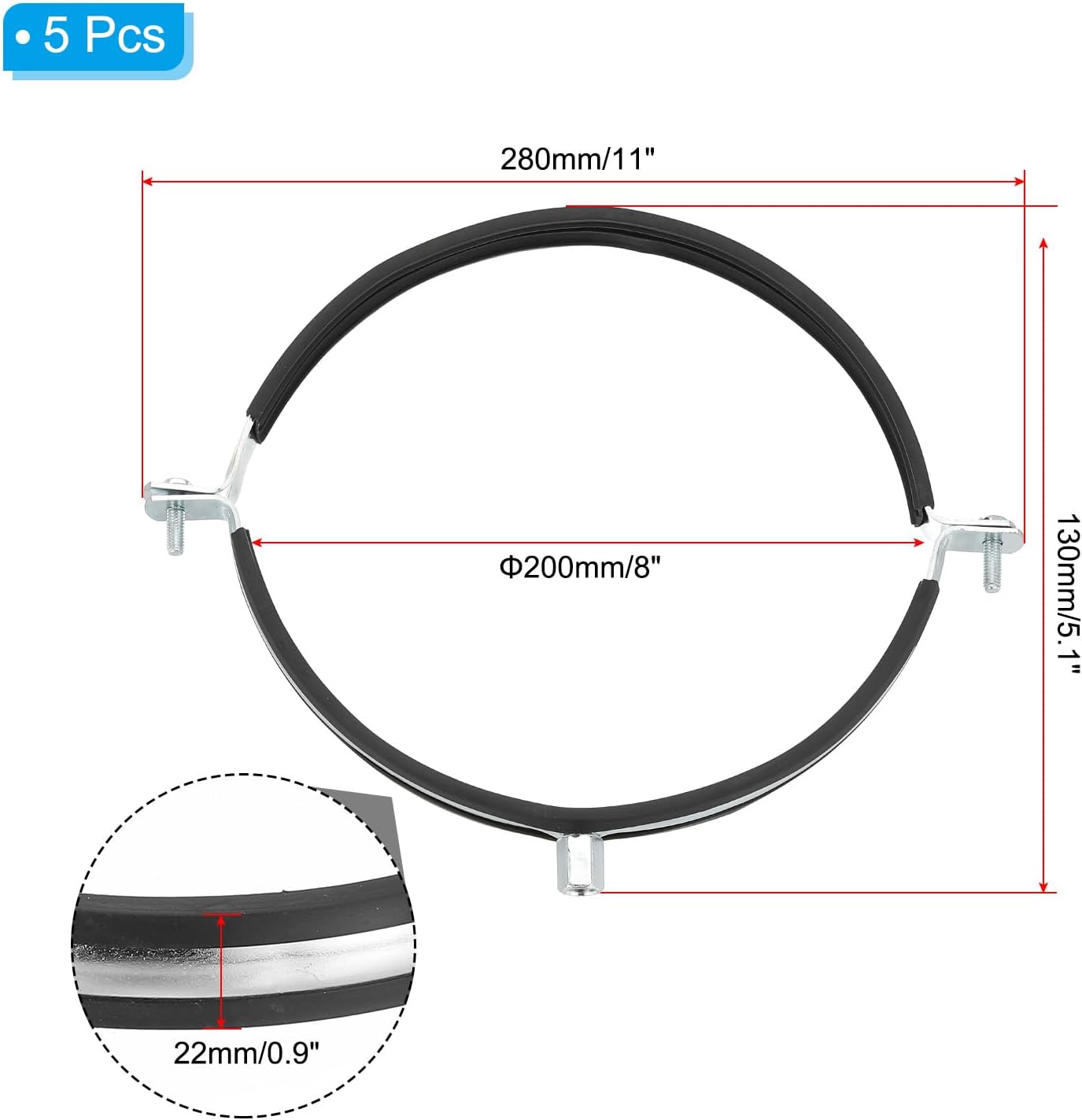 PATIKIL 8 Inch Pipe Clamp, 5 Pack Galvanized Pipe Hanger with Rubber for All Types of Ventilation, Round Straight Channels to The Wall or Ceiling, Silver and Black