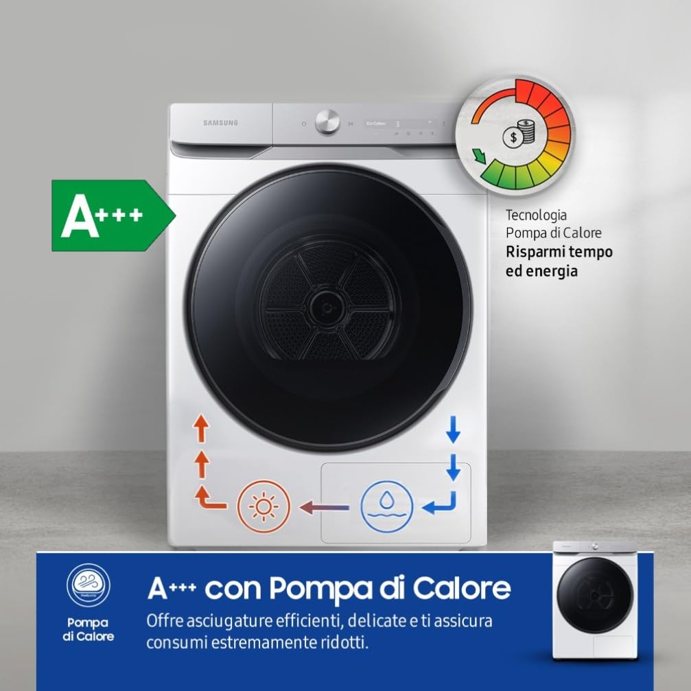 Samsung Asciugatrice DV16DG8600BW/U3, 16 kg, Pompa di Calore, Wifi, AI Dry, Programma Igienizzante, Carica Frontale, 68,6L x 98,4H x 84,4P cm