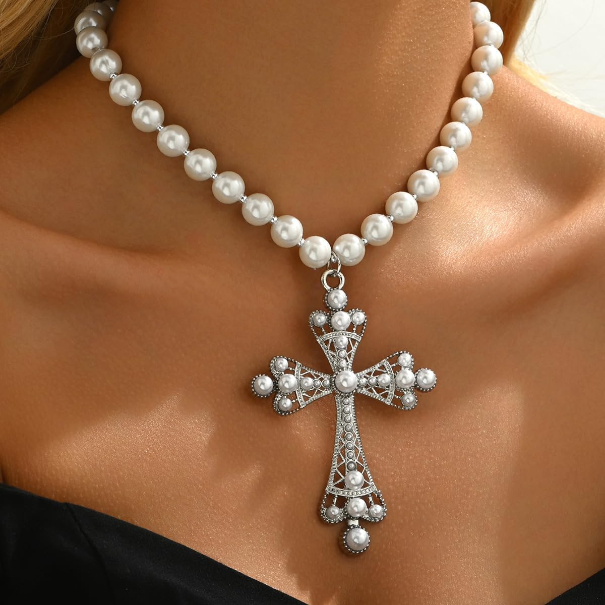 Pearl Cross Necklace for Women,Gothic Gold Chunky Long Big Cross Pendant Necklace,Pearl Beads Chain Large Crucifix Dangle Necklace for Punk Party - Image 4
