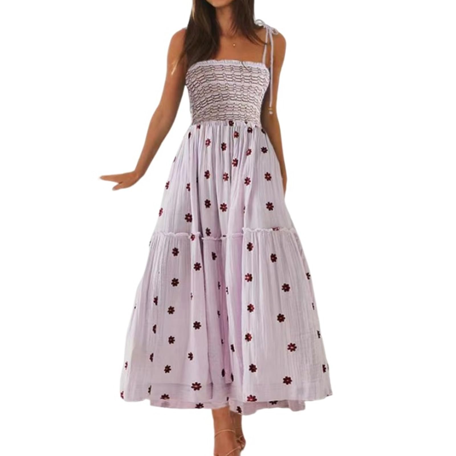 Amazon.com: RZDYSQ Women Floral Embroidered Maxi Dress Sleeveless Tie  Shoulder Smocked Flowy Dress Beach Long Sun Dress Light Purple, Medium :  Clothing, Shoes & Jewelry