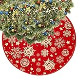 Snowflake Christmas Tree Skirt - 36 Inch Gold and Red Tree Skirt Rustic Christmas Decorations for Co