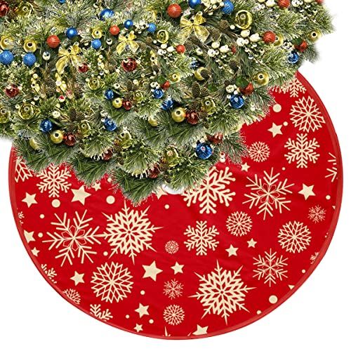 Snowflake Christmas Tree Skirt - 36 Inch Gold And Red Tree Skirt Rustic Christmas Decorations For Country Xmas Holiday Party Decor Indoor Outdoor #TOP29