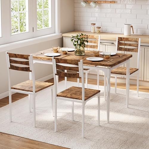 GarveeHome 5 Piece Dining Table Set, Industrial Style Dining Table and Chairs Set for 4, Kitchen Table Set for Dining Room Kitchen Apartment, White Br