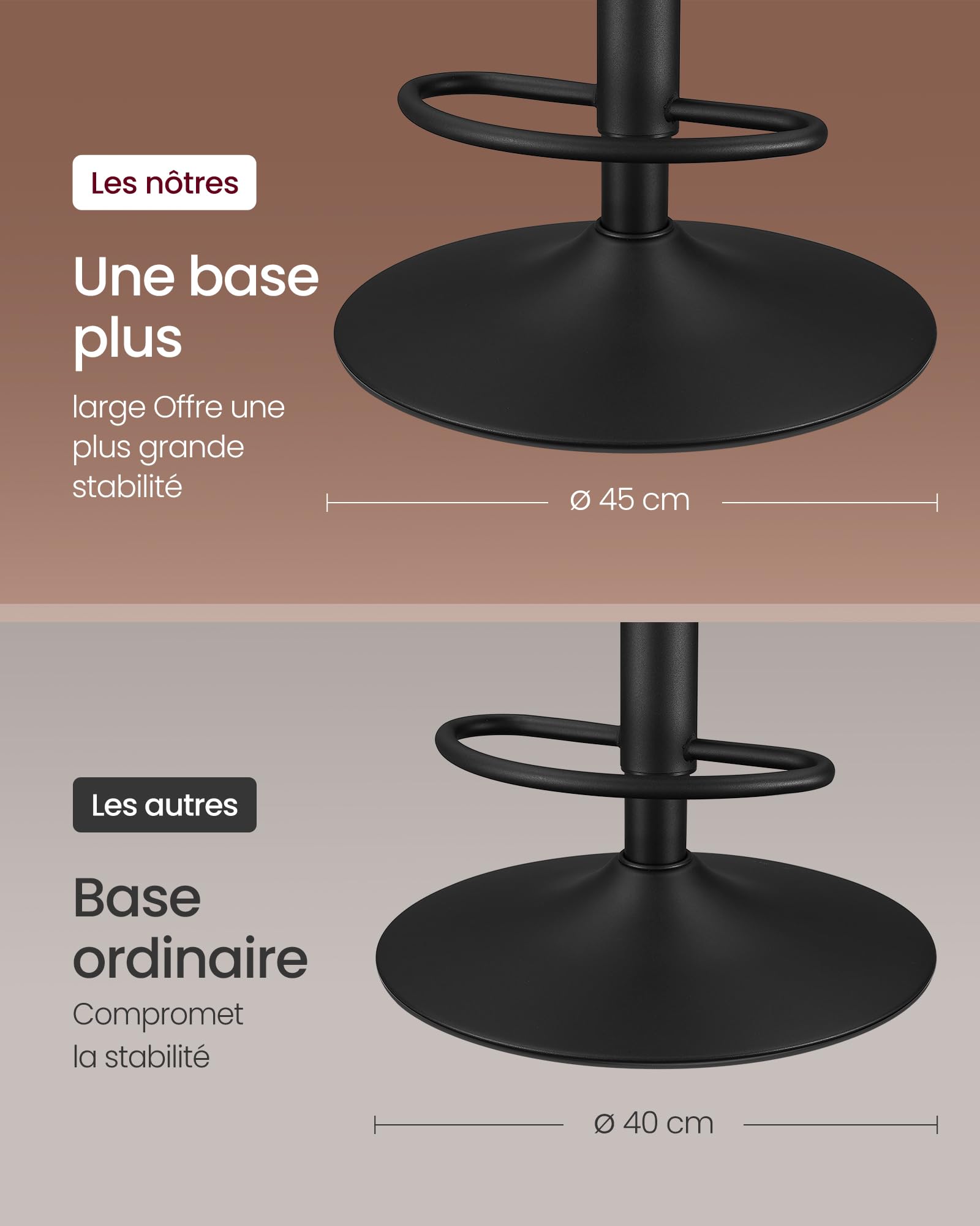 VASAGLE Tabourets de Bar, Lot de 2, Chaise de Cuisine, Siège Pivotant à Hauteur Réglable, Matelassé, en PU, avec Dossier et Repose-Pieds, Salle à Manger, Comptoir, Acier, Marron Caramel LJB095K01