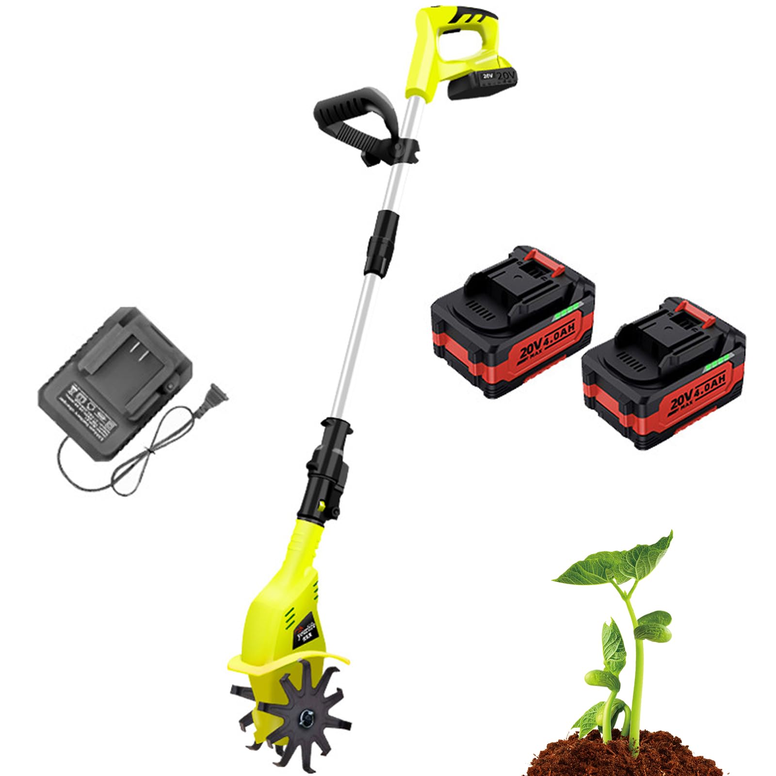 Motoazada Eléctrica Inalámbrica 20V, Cultivador de Jardín con 2 Baterías de 4,0Ah, Ancho de Trabajo 10,5 cm y Profundidad 20 cm, 250 RPM para Huertos y Jardines Pequeños