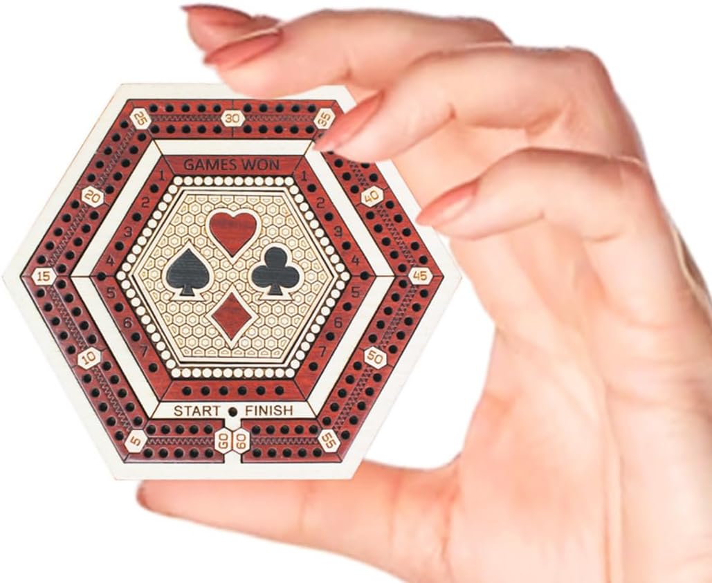 House of Cribbage - 2 Track 60 Points - Hexagonal Shape Pocket Size Wooden Travel Cribbage Board - Size 4 Inch (Maple Wood/Bloodwood)