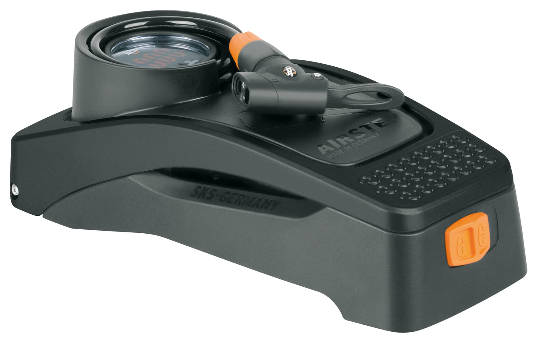 SKS GERMANY AIRSTEP & AIRSTEP DIGI pompka nożna (pompa powietrza z przyłączem MULTI VALVE, wysoka dokładność pomiaru, z precyzyjnym manometrem, do pompowania chroniącego plecy, maks. ciśnienie: 7 barów/102 psi), czarna