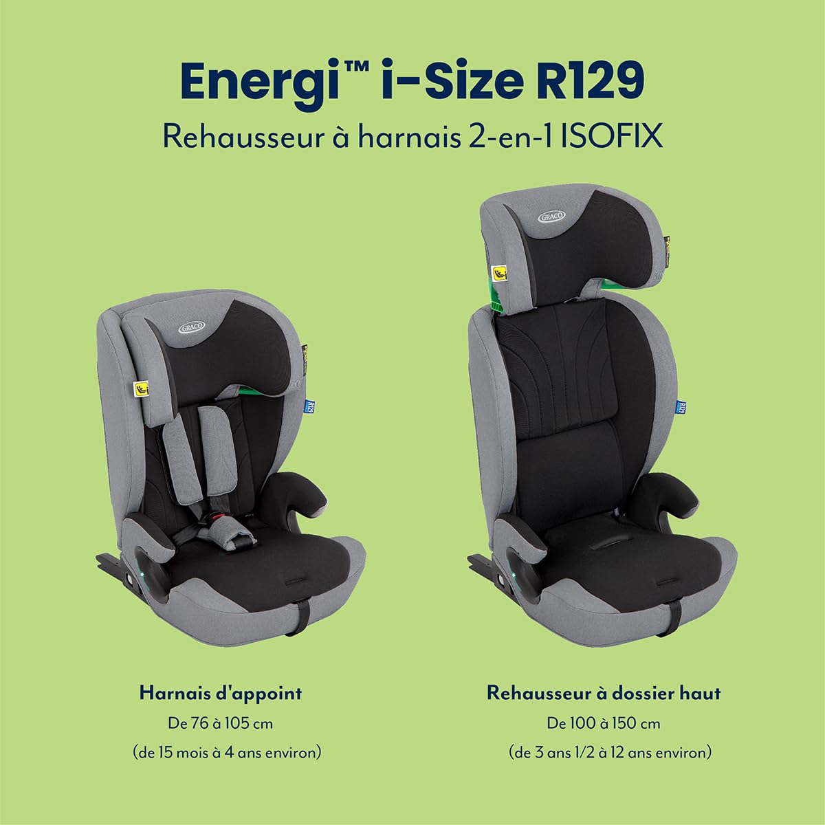 Graco Energi i-Size R129, rehausseur à harnais 2-en-1 ISOFIX avec attache supérieure, de 76 à 150 cm (de 15 mois jusqu'à environ 12 ans), face à la route, gris/noir, Meteor