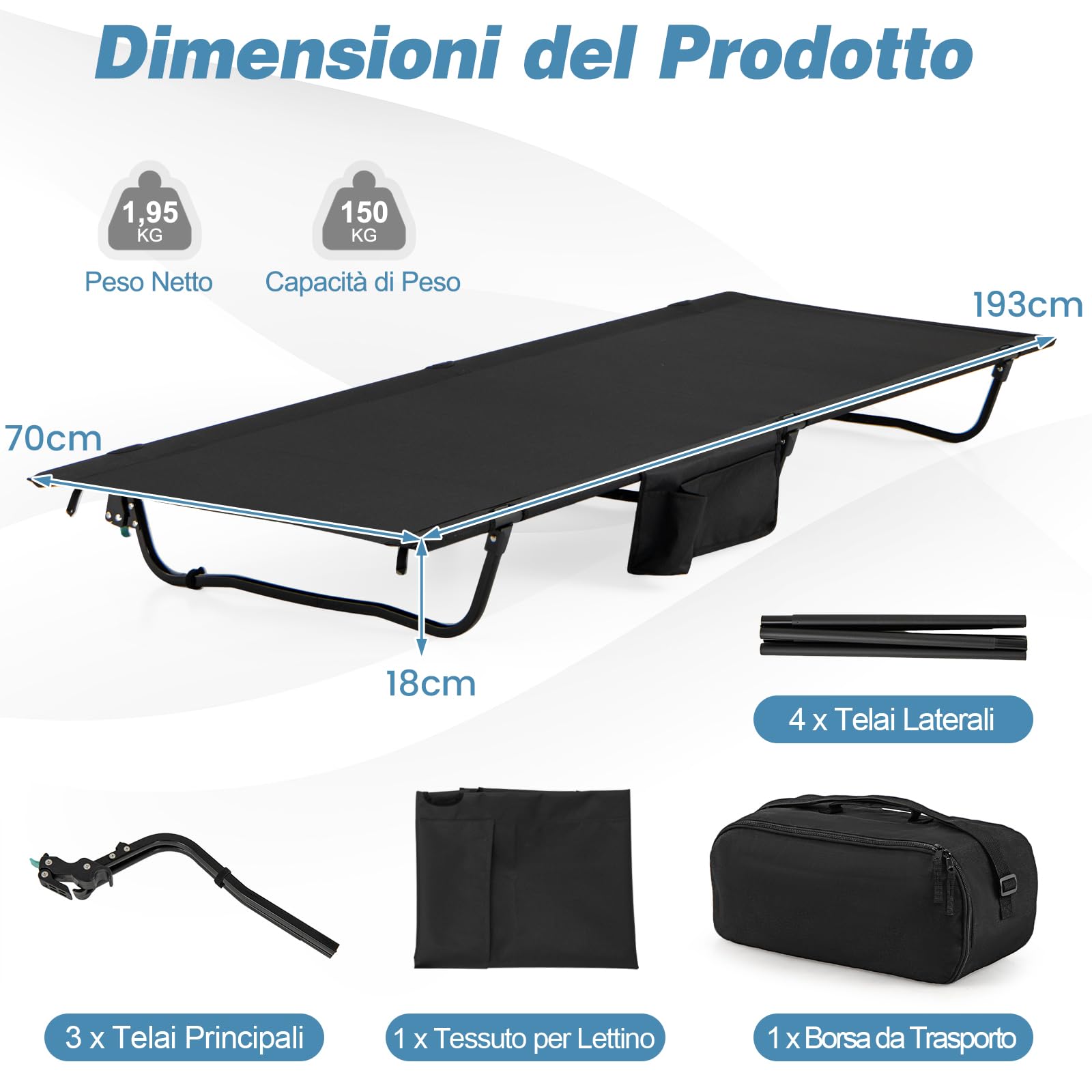 COSTWAY Brandina da Campeggio, Letto Pieghevole e Portatile con Tasca Laterale e Borsa da Trasporto, Lettino con Struttura in Metallo per Viaggio e Spiaggia, Portata 150 kg