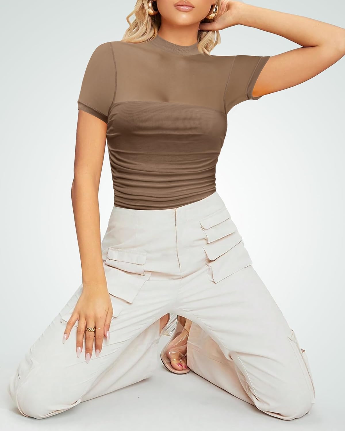 Women's Mesh Sexy Mock TurtleNeck Bodysuits Short Sleeve Shirt Ruched Sheer Body suit Summer Trendy Going Out Tops - Image 7