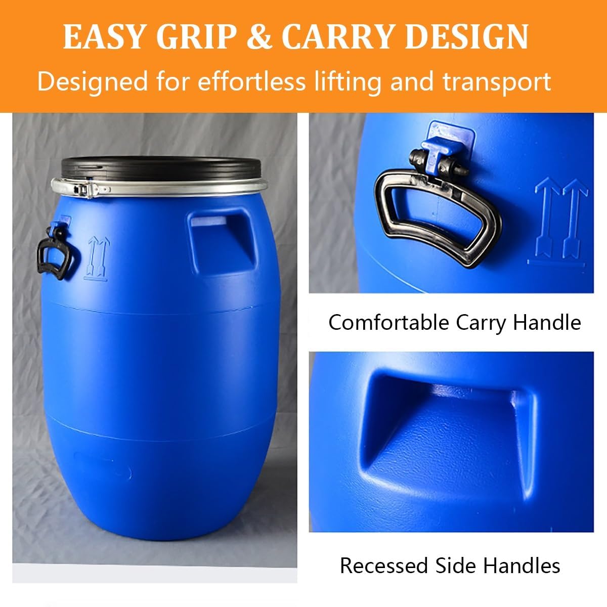 Barile in plastica per la conservazione dellacqua con Coperchio, Fusto Blu Aperto con Coperchio e Anello di Chiusura, Grande barile in plastica, per Uso Alimentare e Adatto al Trasporto (100L)