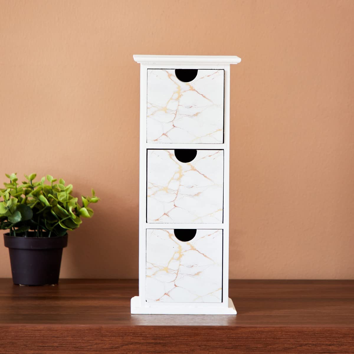 Home Box Renne Wooden Cabinet With 3 Drawers 11.5 X 28 X 10 Cm White/Gold