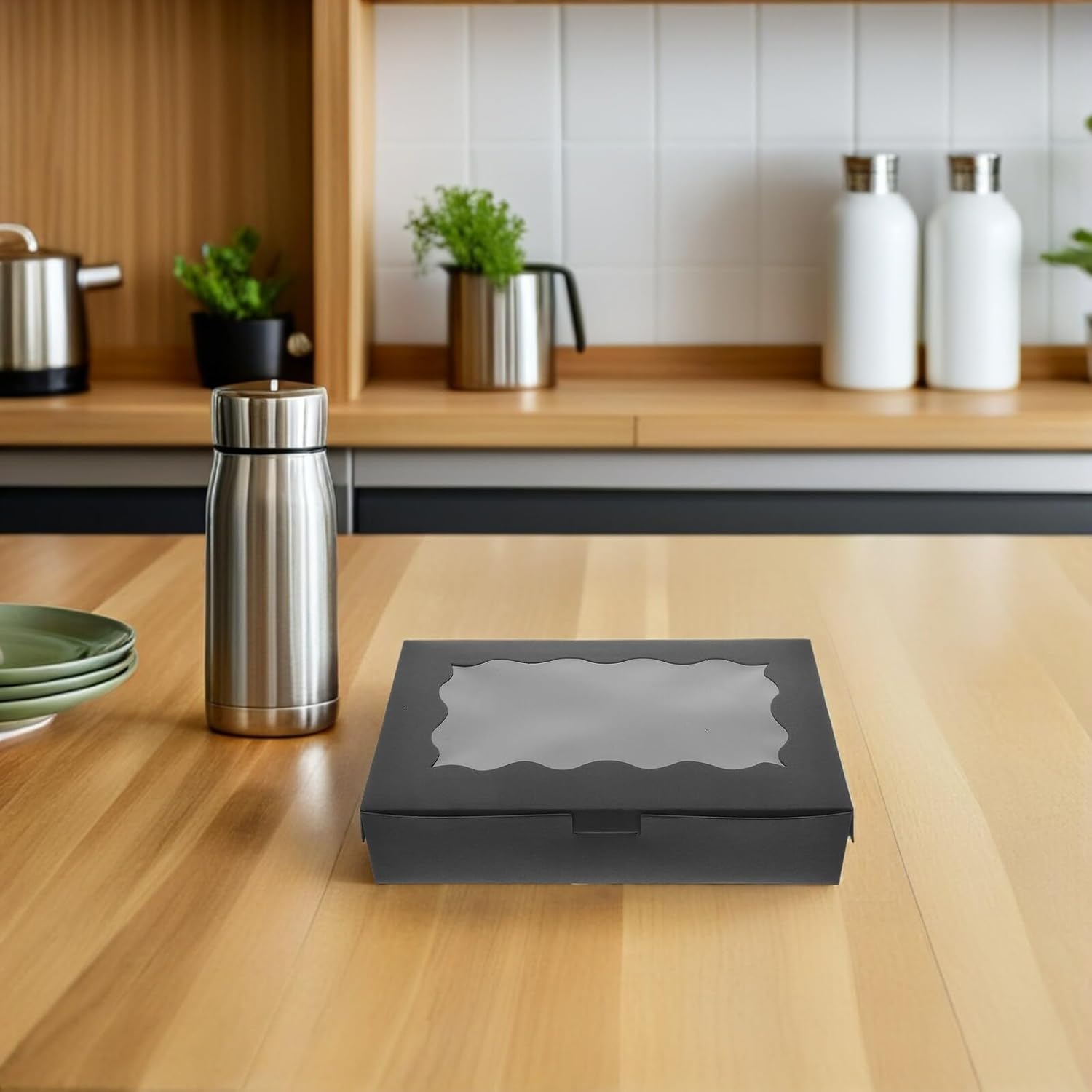 NOLITOY 50pcs Kraft Paper Bakery Pastry Boxes with Black Window Edge, Disposable Dessert Packaging Containers for Chocolates, Donuts, Mini Cakes, and Take-out Use