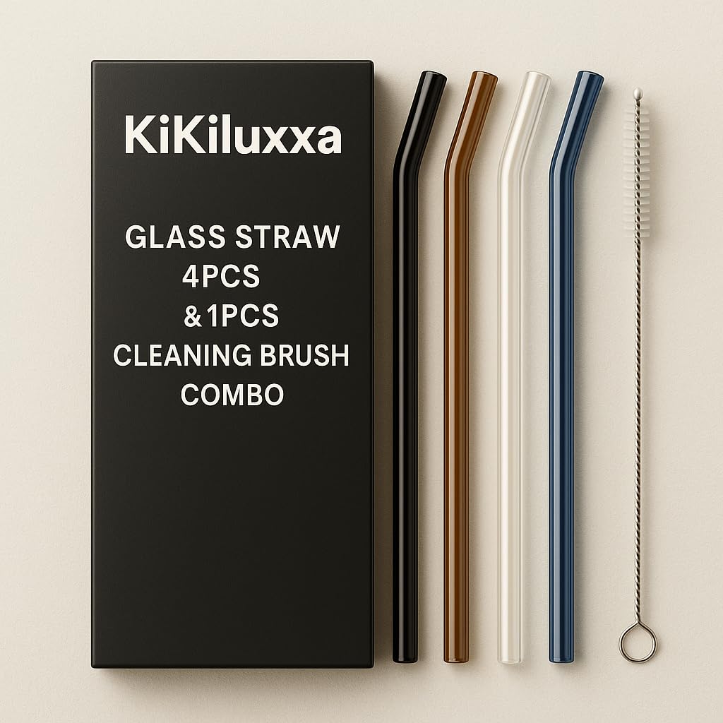 KiKiluxxa Glass Straws with Cleaning Brush -4 Multicolour Straws & 1 Cleaner - Pack of 5pcs- Clear Reusable, Elegant Alternate to for Drinking Juice, Smoothie Black - Brown - White - Blue (CW4+1)