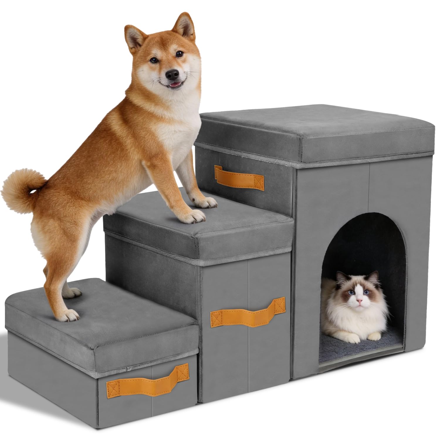Nobleza Escalera para Perros Pequeños 3 Peldaños, 77x36x44cm, Gris | Almacenable, Desmontable, Plegable