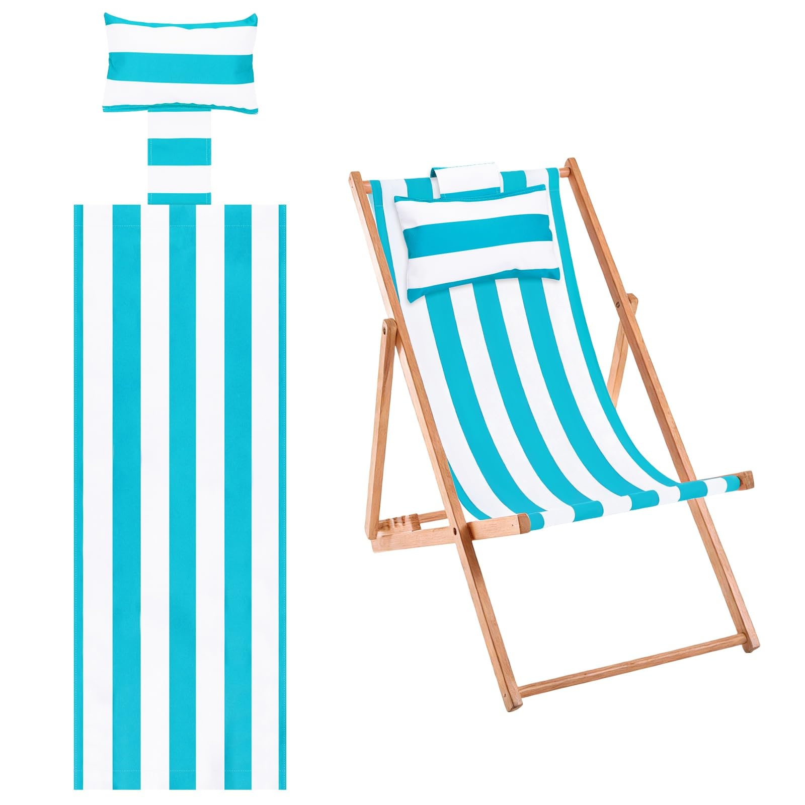 M METERXITY Beach Sling Chair Replacement Canvas, 16x44.5 Inch Folding Lounge Chair Fabric with Pillow for Beach/Sunbathing/Courtyard/Garden [Striped Sky Blue, Only Replacement]