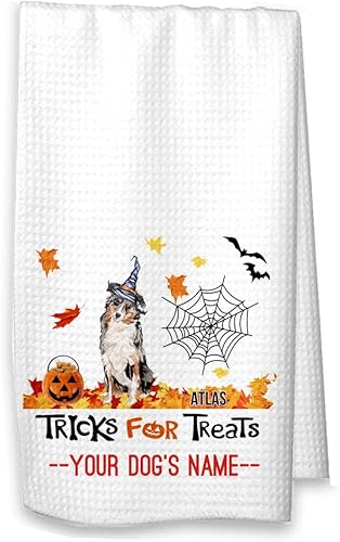 Miniatura 6 de Trucos para golosinas Pastor australiano Halloween Cocina Waffle Toalla, decoración de otoño para mascotas (toalla blanca, australiano sin nombre)