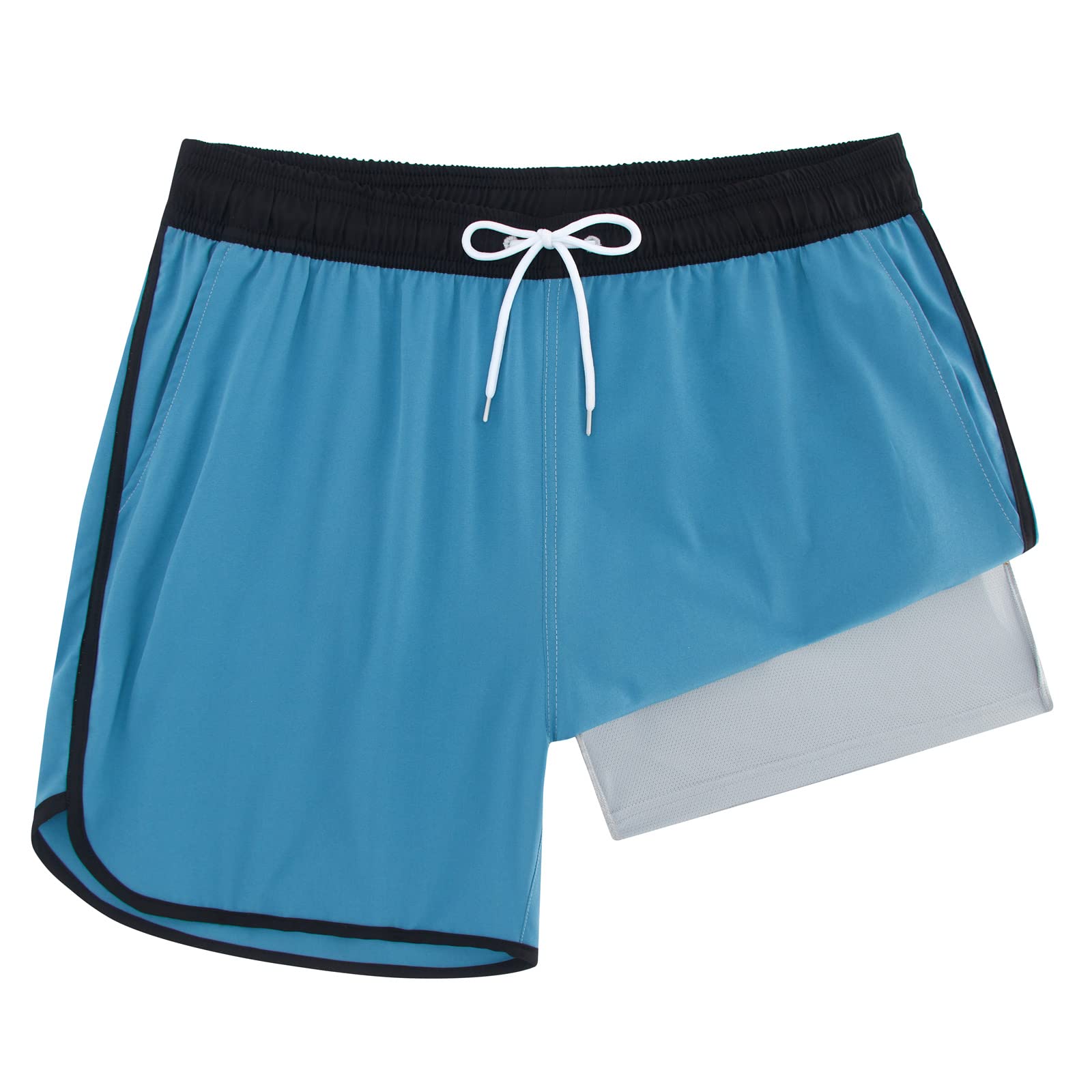 Photo 1 of Cozople Men's Swim Trunks 80s 90s Vintage 5" Bathing Suit Compression Liner Quick Dry 2 in 1 Retro Swimwear Large Navy Blue