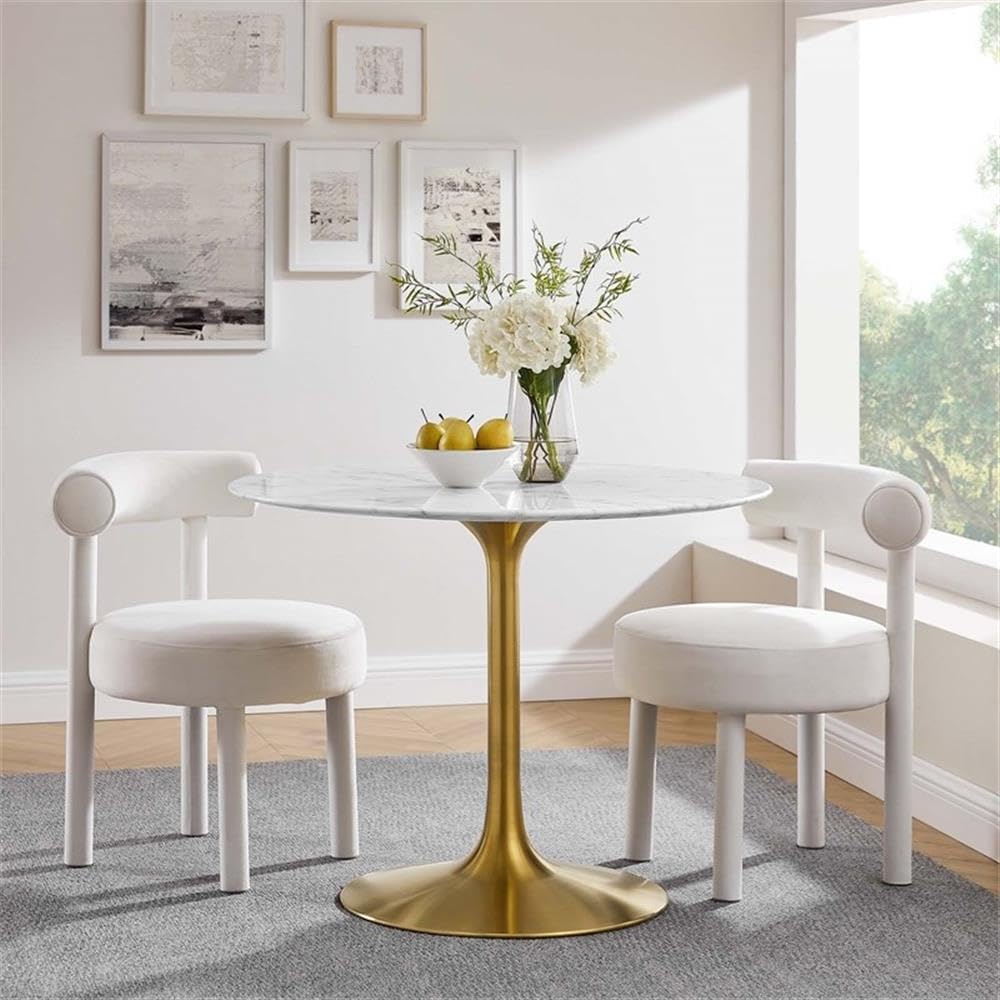 Pemberly Row 40" Round Faux Marble Dining Table, Gold-Finished Metal Pedestal Base, White Marble-Look Top, Modern Style, Compact Design for Small Kitchen or Dining Room Spaces