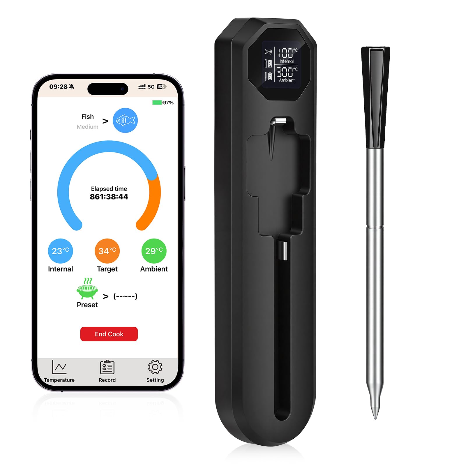 Dreamhigh® Thermomètre Cuisine Sans Fil, Thermomètre à Viande avec App, Précision de ±0,1 °C, portée de 150 M, Surveillance par Application avec Minuterie et Alarme, Idéal pour Four, Grill