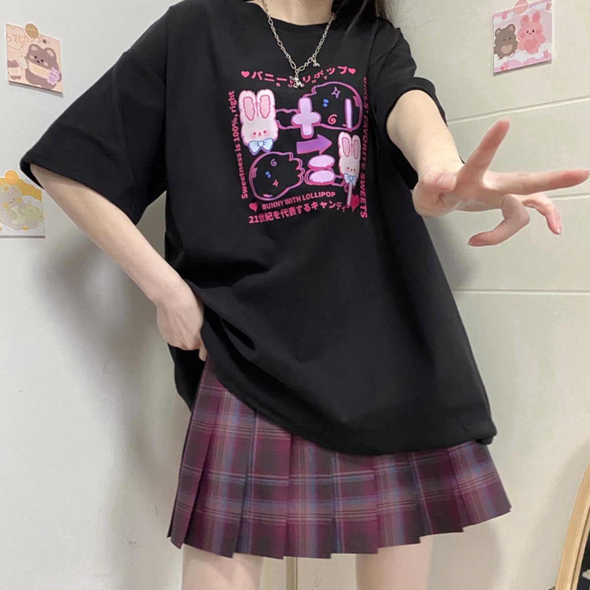 Kawaii Goth Fashion Japanese Harajuku Style Casual Soft Crewneck Cute Cartoon Bunny Lollipop Print T-Shirt - Image 4