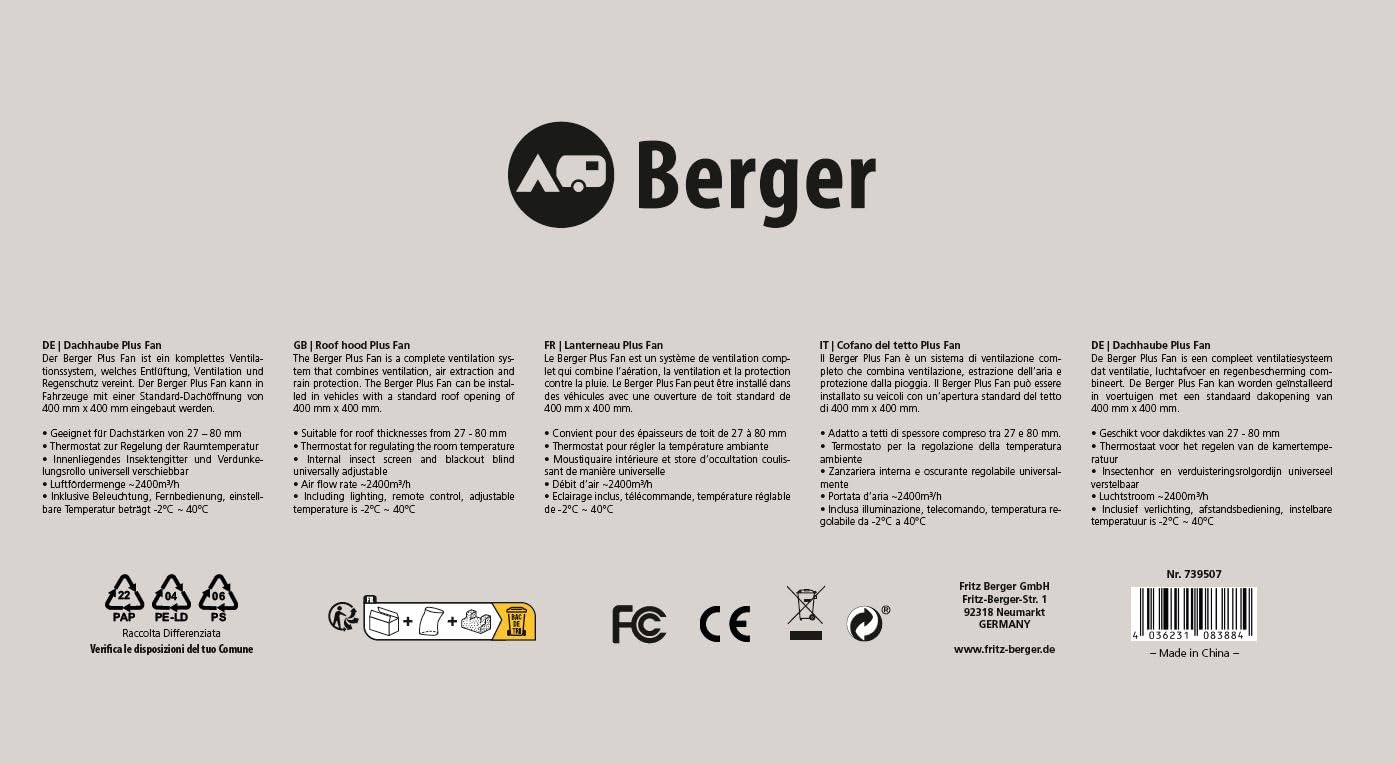 BERGER Oblò Camper 40x40 Ventola 4 Velocità Telecomando Lucernario Zanzariera Oscurante Motore 12V Nero