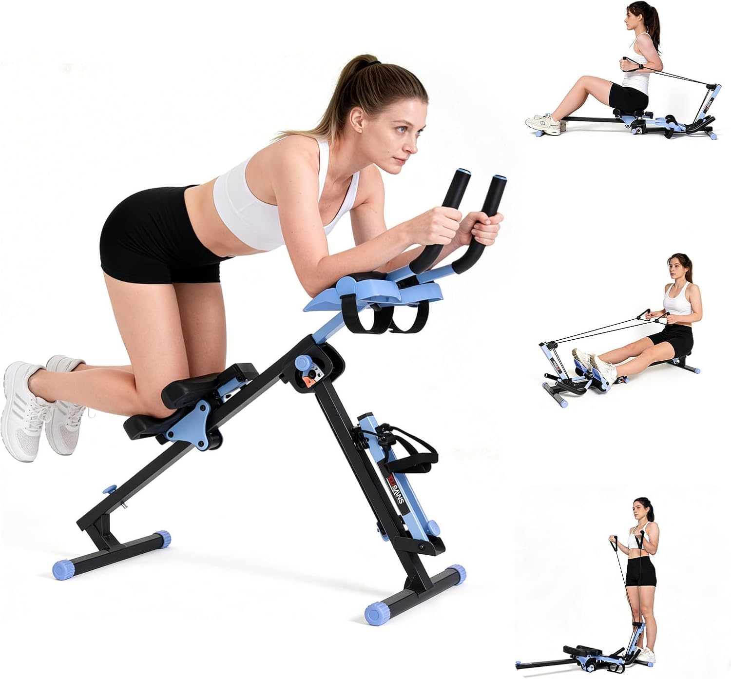 TOUSAINS 3 in 1 Rowing Machines, Folding Ab Machine with Cable System, Abdominal Trainers for Abdominal Workout, 4-Level Height & 2 Resistance Levels, Core Trainer for Home Gym Women Men Blue