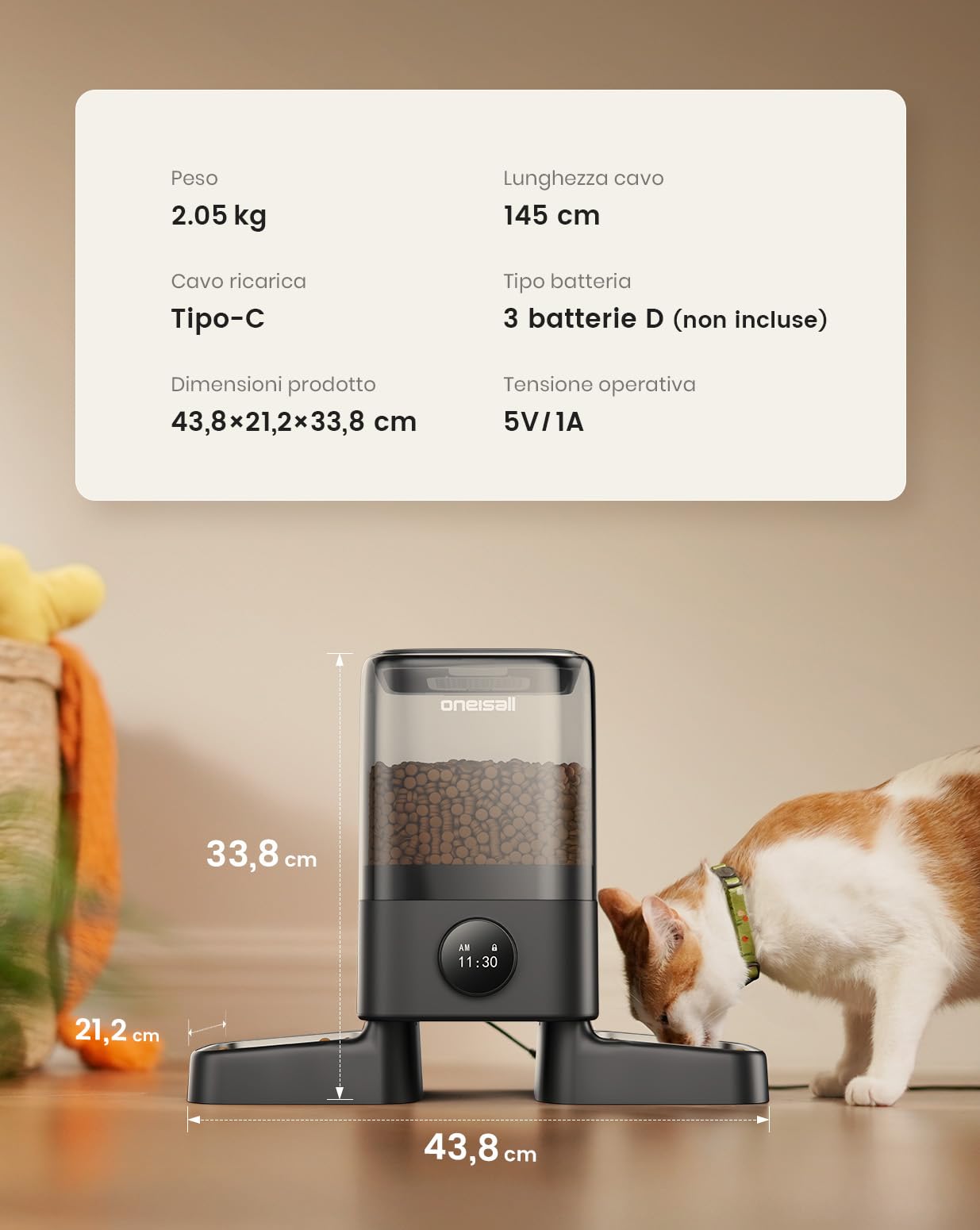 Oneisall Distributore Automatico di Crocchette Standard, 5L per 2 Gatti, per Cibo Secco, Ciotola in Acciaio Inox 304, Programmabile 1-6 Pasti al Giorno per Cani e Gatti, Nero