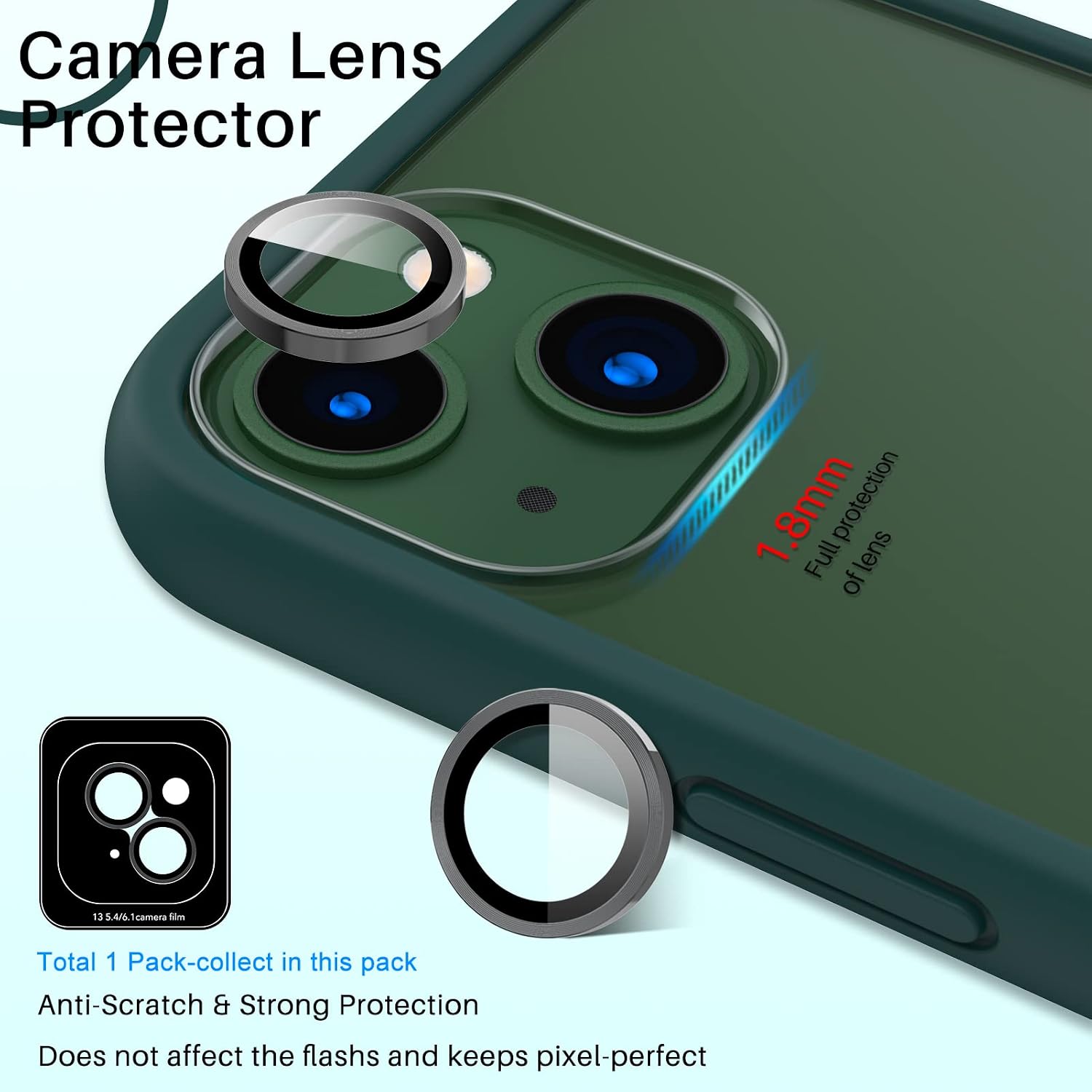 ORNARTO Compatible with iPhone 13 Case 6.1 Inch, with Camera Lens Protector, Soft Liquid Silicone Bumper Case Full Body Drop Shockproof Protective with Anti-Yellowing Clear Back-Night Green
