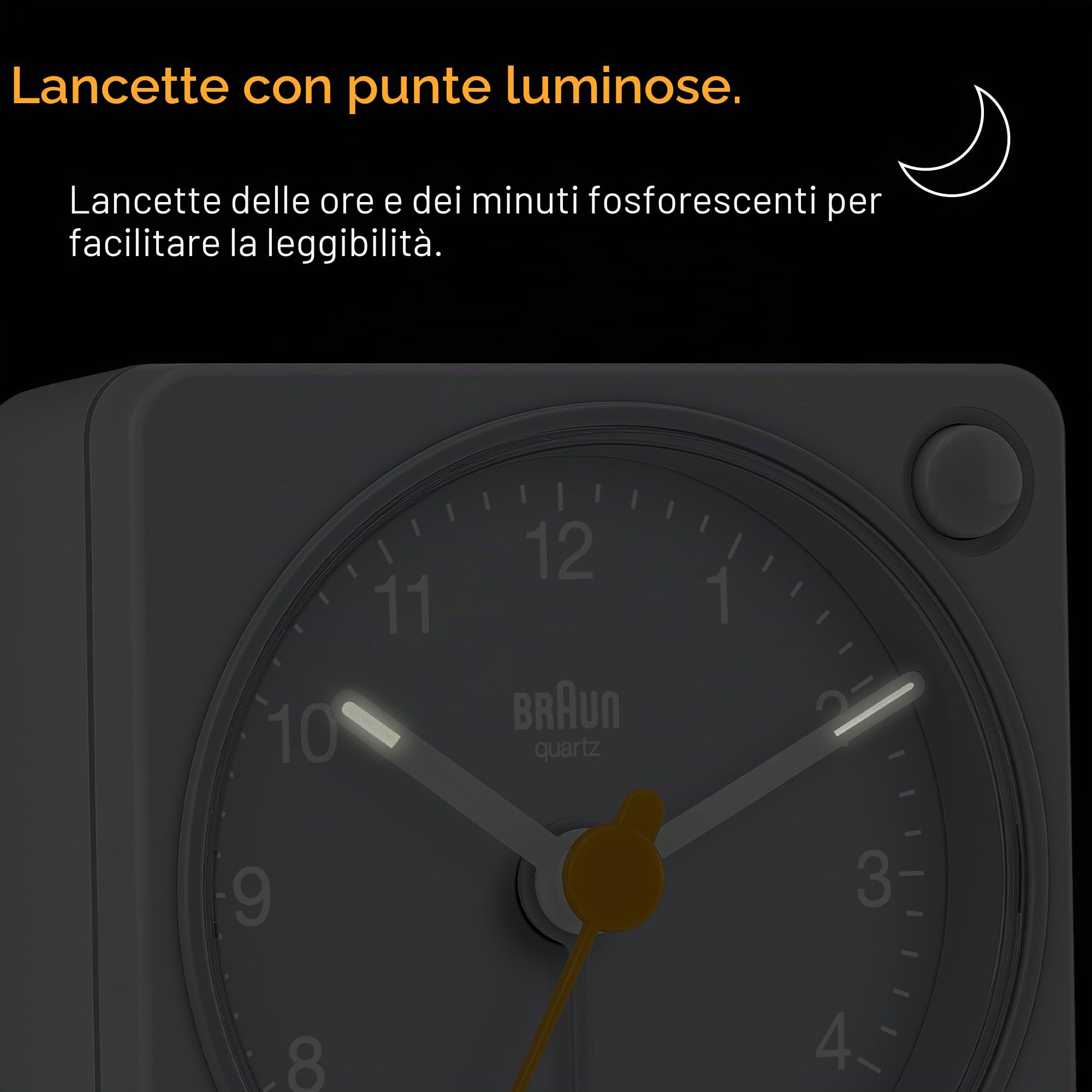 Braun Sveglia analogica Classic da viaggio con snooze e luce, dimensioni compatte, movimento al quarzo silenzioso, allarme sonoro in crescendo, grigio, modello BC02XG.