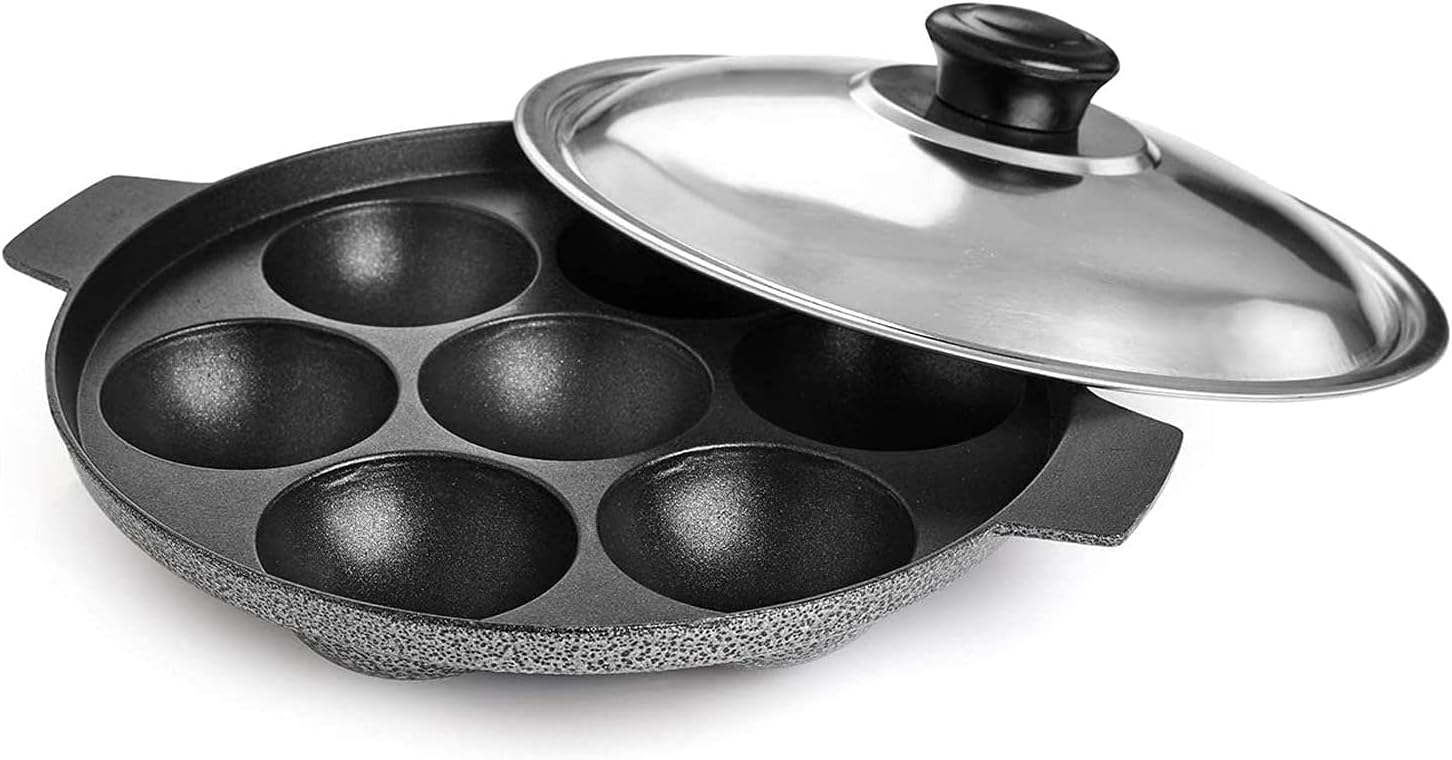 DBY Appam Patra Paniyaral Non-Stick Paniyaram Paniyarakkal Aebleskiver Pan with Stainless Steel Lid 7 Balls