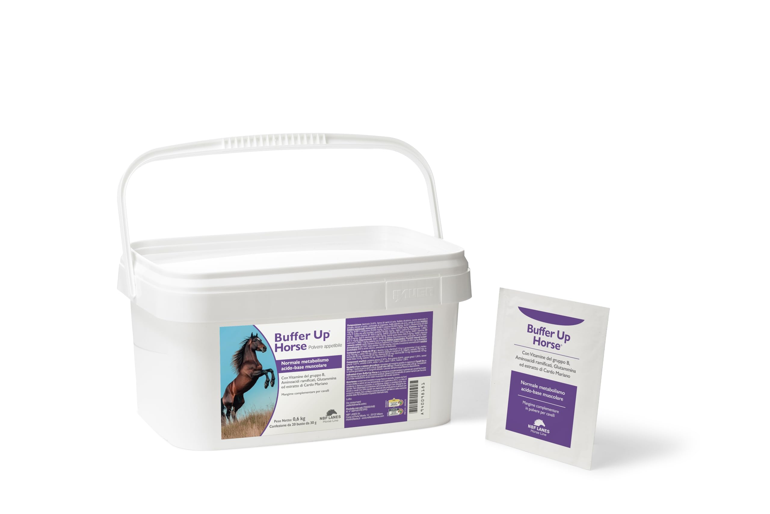 NBF Lanes | Buffer Up Horse, Mangime Complementare per Cavalli Sportivi con Aminoacidi Ramificati, Glutammina, Vitamine B e Cardo Mariano, Supporto Metabolismo Muscolare, 20 Buste da 30 g