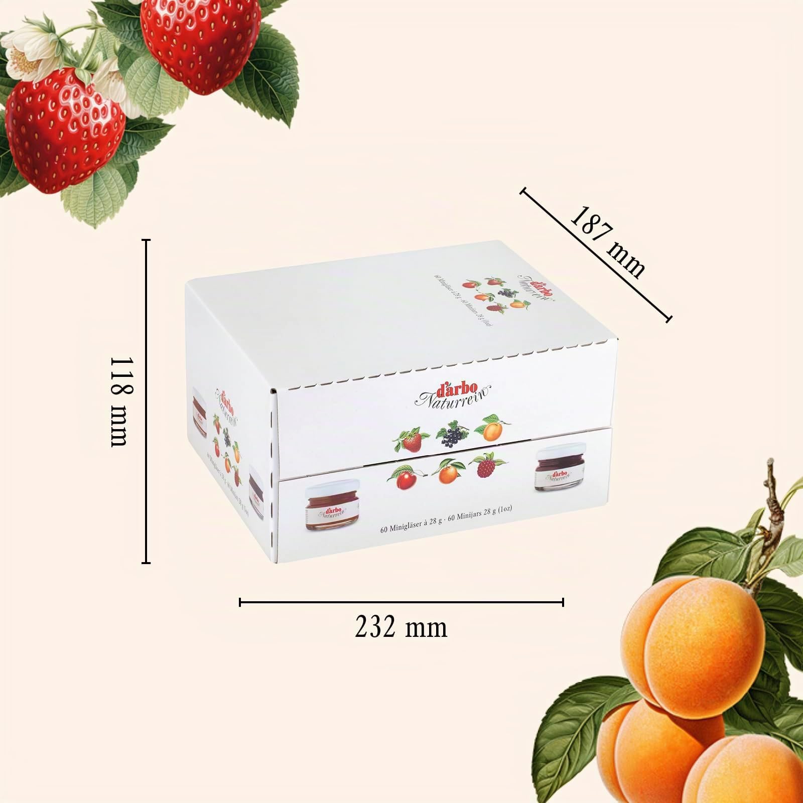 Darbo, Confetture Naturrein Assortite, Confettura in Mini Vetro, Marmellate Monodose Miste per Colazione, Albicocca, Ciliege, Lamponi, Ribes Nero, Fragole, Formato Convenienza, 60 Confetture da 28 g