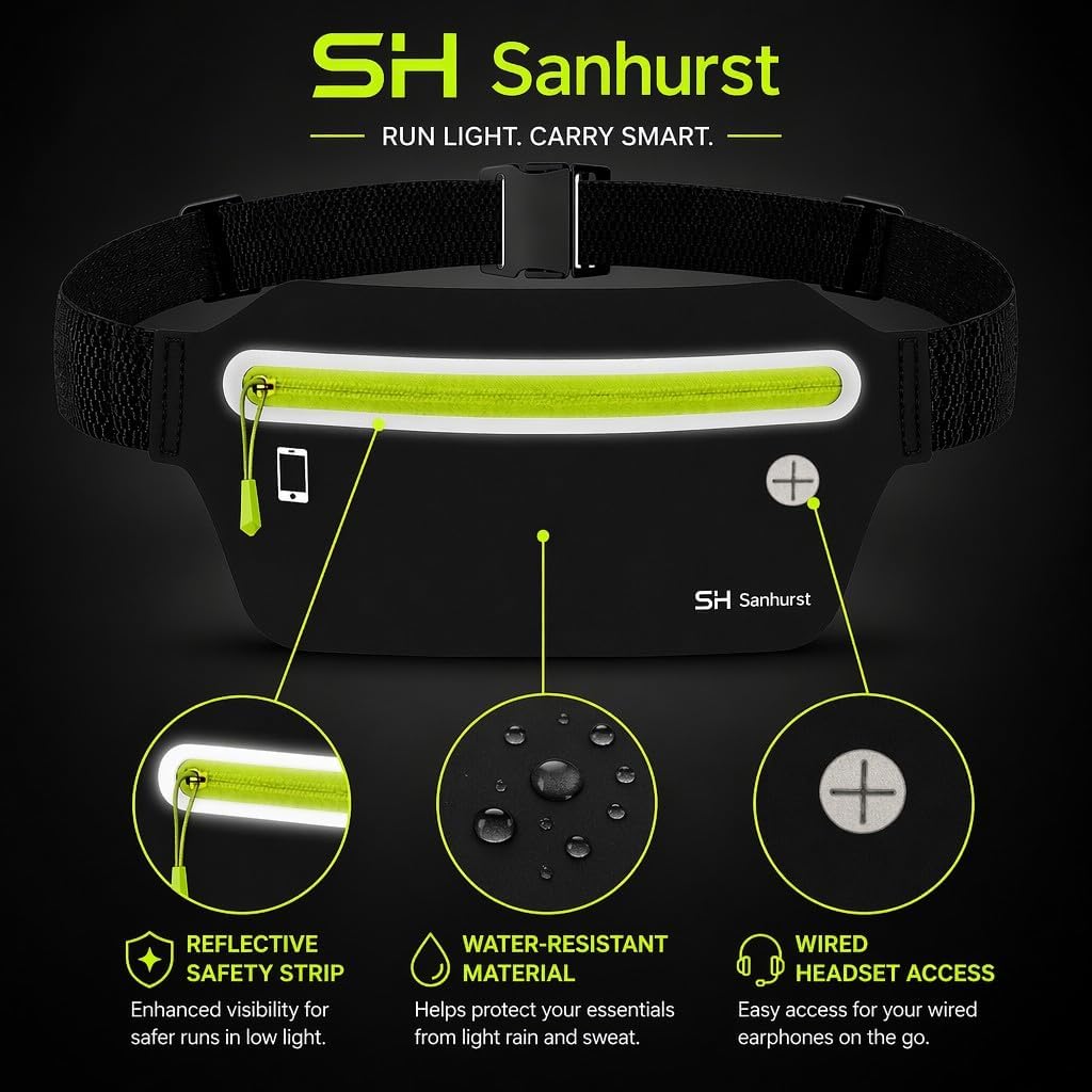 Running Belt – Large Capacity Sweat Water Resistant Waist Pack | Reflective, Adjustable Elastic Waist, Secure Keys Cellphone While Running Working Out