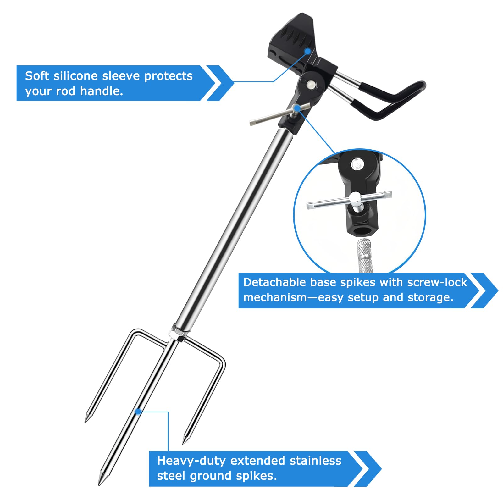 Rutenhalter, 2 Stück Angelrutenhalter Edelstahl, 360° Verstellbar, Tragbar Abnehmbar Universal Rutenständer verzinkte Dreizack-Erdspitze, für Angelsport See Fluss Ufer
