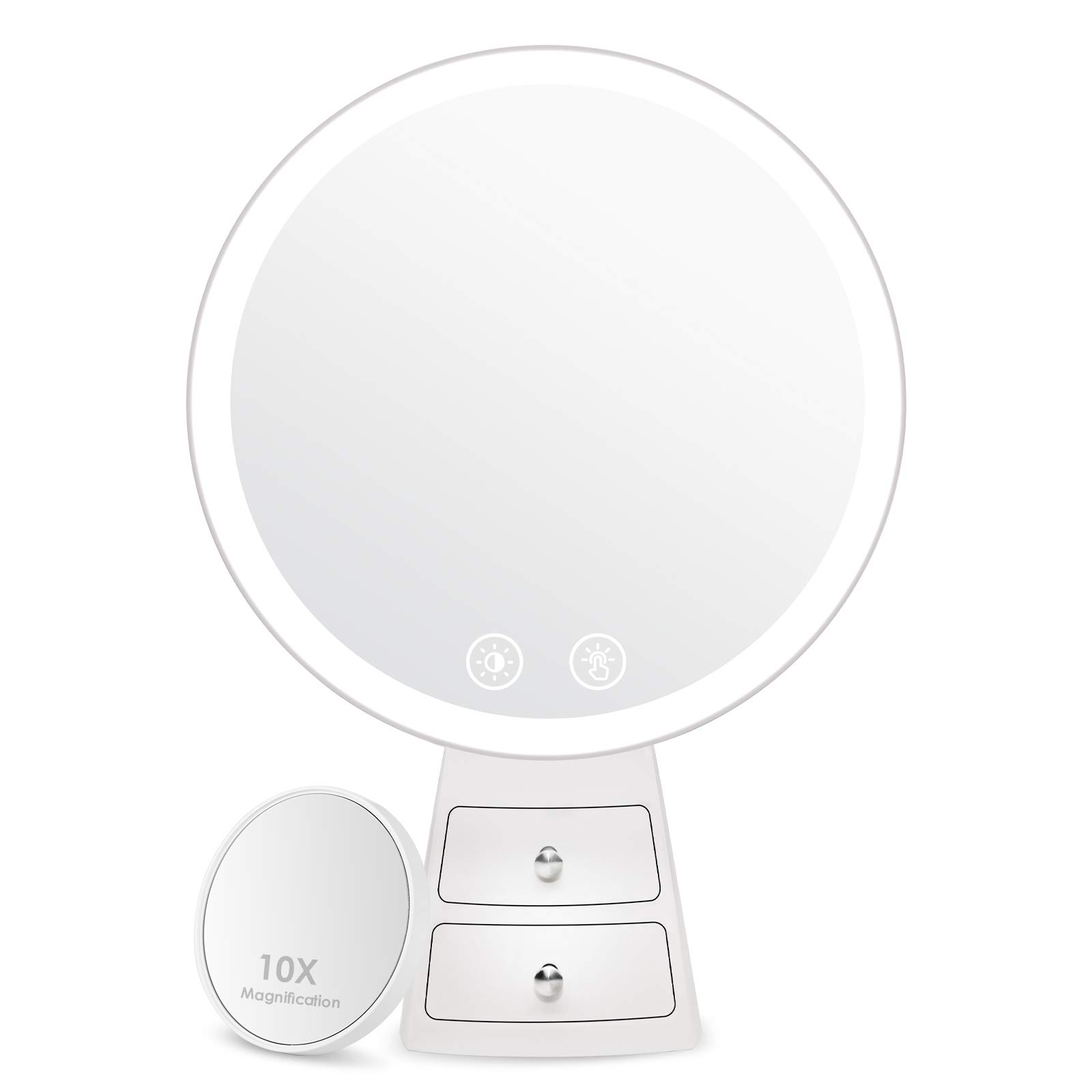 Auxmir Espejo Maquillaje con Luz, 2000mAh Recargable USB, Espejo de Mesa con Cajones, 3 Colores de Luz, Brillo Regulable, Táctil, con Espejo Adicional Aumento 10X, para Sobremesa Tocador
