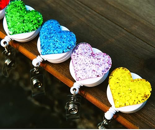 Miniatura 5 de Paquete de 12 carretes retráctiles con forma de corazón brillante, soporte para tarjetas de identificación con clip de cocodrilo, ligero, cable de
