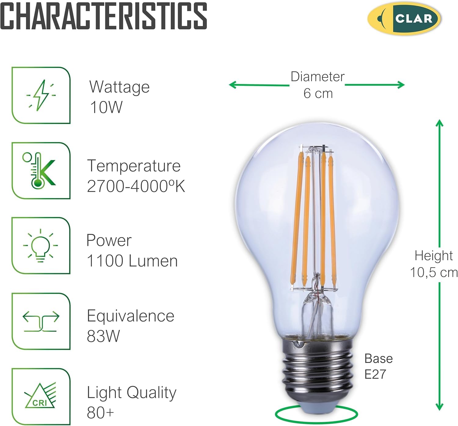 CLAR - E27 LED Vintage, LED Filament E27, Warmweib 2700K 10W (Pack 100)