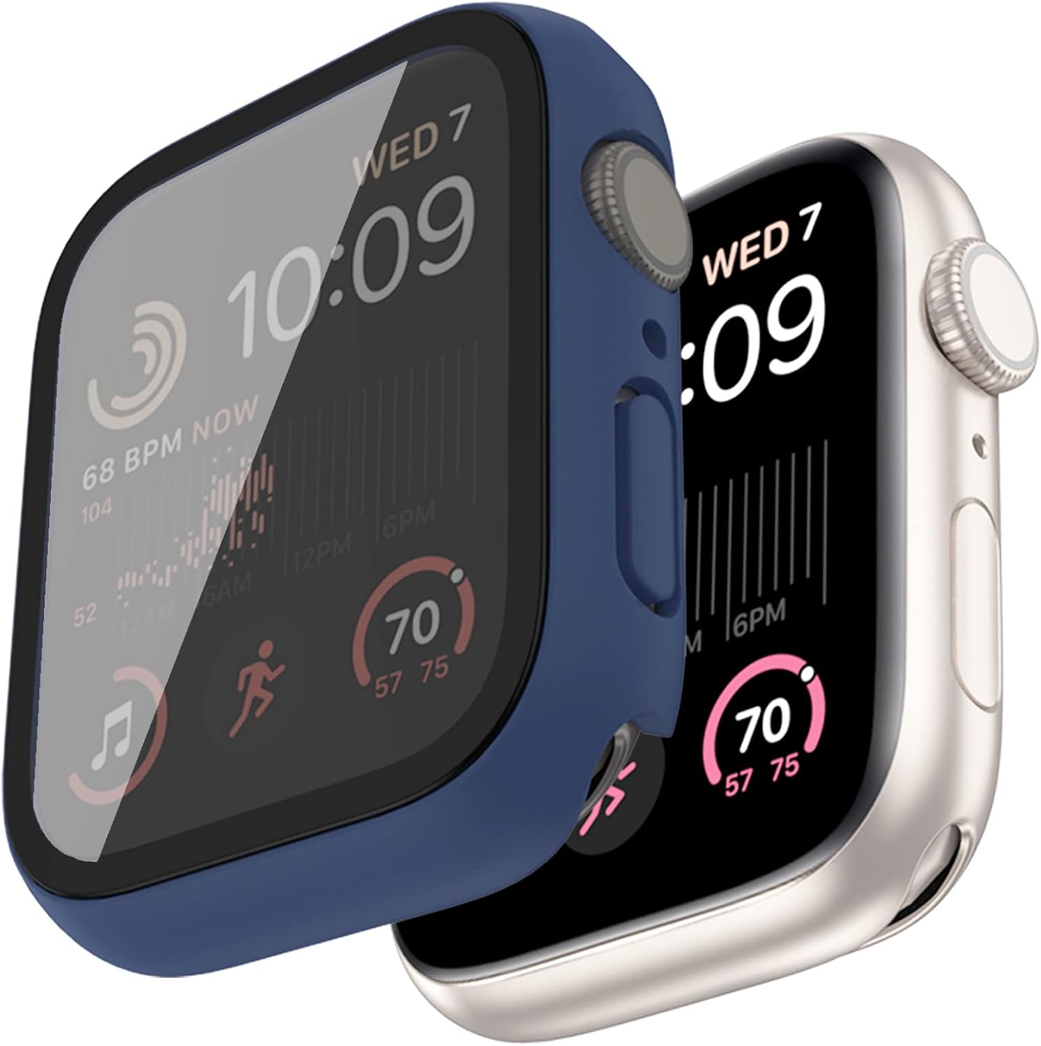 Capa compatível com Apple Watch Series 9 8 7 41 mm/45 mm PC bumper com protetor de tela de vidro temperado fosco cor sólida capa dura (azul meia-noite, 45 mm)