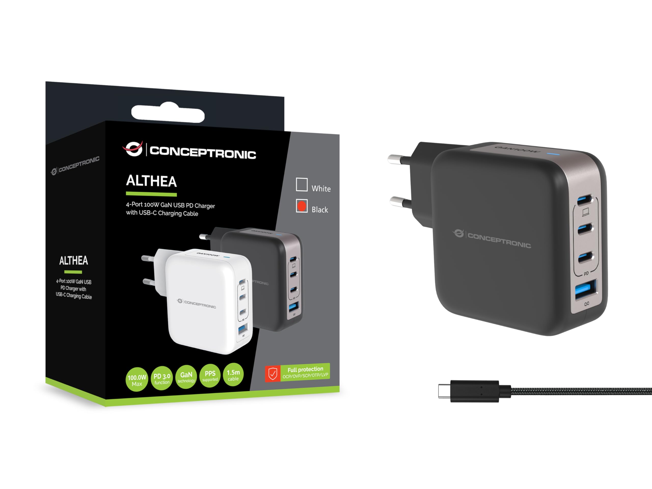 Conceptronic 4-Port 100W GaN USB-PD-Ladegerät mit USB-C-Ladekabel, USB-C x 3, USB-A x 1, QC 3.0, PPS