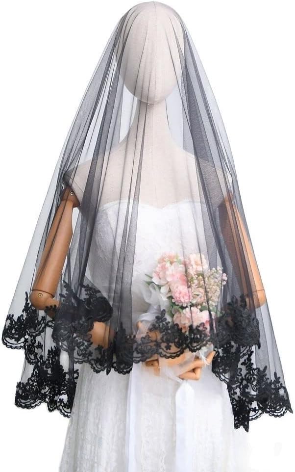 Wedding Bridal Veil No Comb Drop Veil Elbow Length Black Veil Cover Front and Back on the Face Wedding
