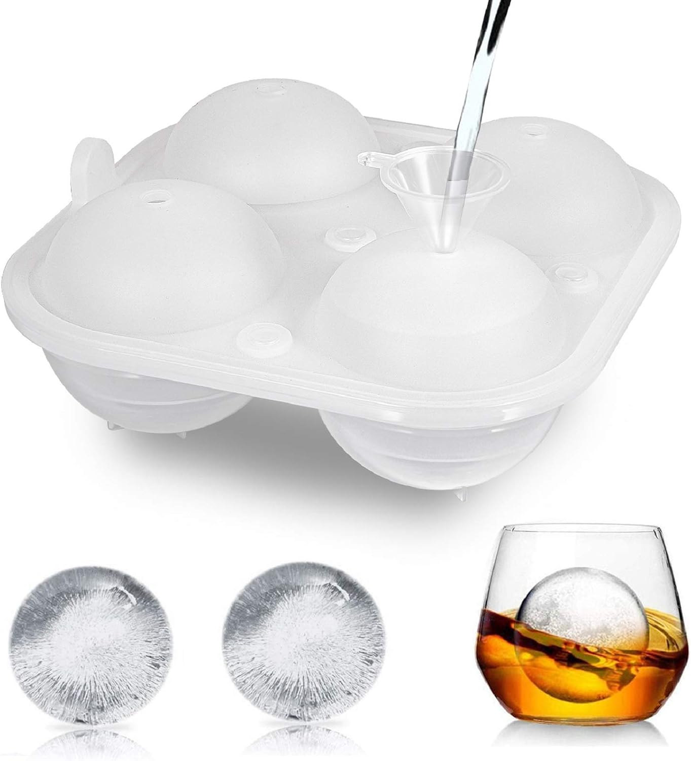 Large Sphere Mold Silicone Ice Cube Trays for Whisky 2.5 Inch Ice Ball Mold Sphere Round Ice Ball Maker, Funnel Included (White)