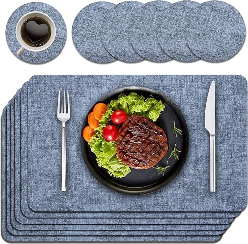 Purejoy Placemats and Coaster Sets 6, Christmas Table Mats PU Leather, Heat-Resistant Washable and Non-Slip 43 * 30 cm