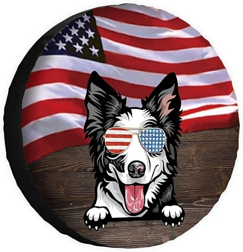 Cubierta de neumático de repuesto para perro, Border Collie con gafas de sol, bandera estadounidense, fundas protectoras de ruedas a prueba de