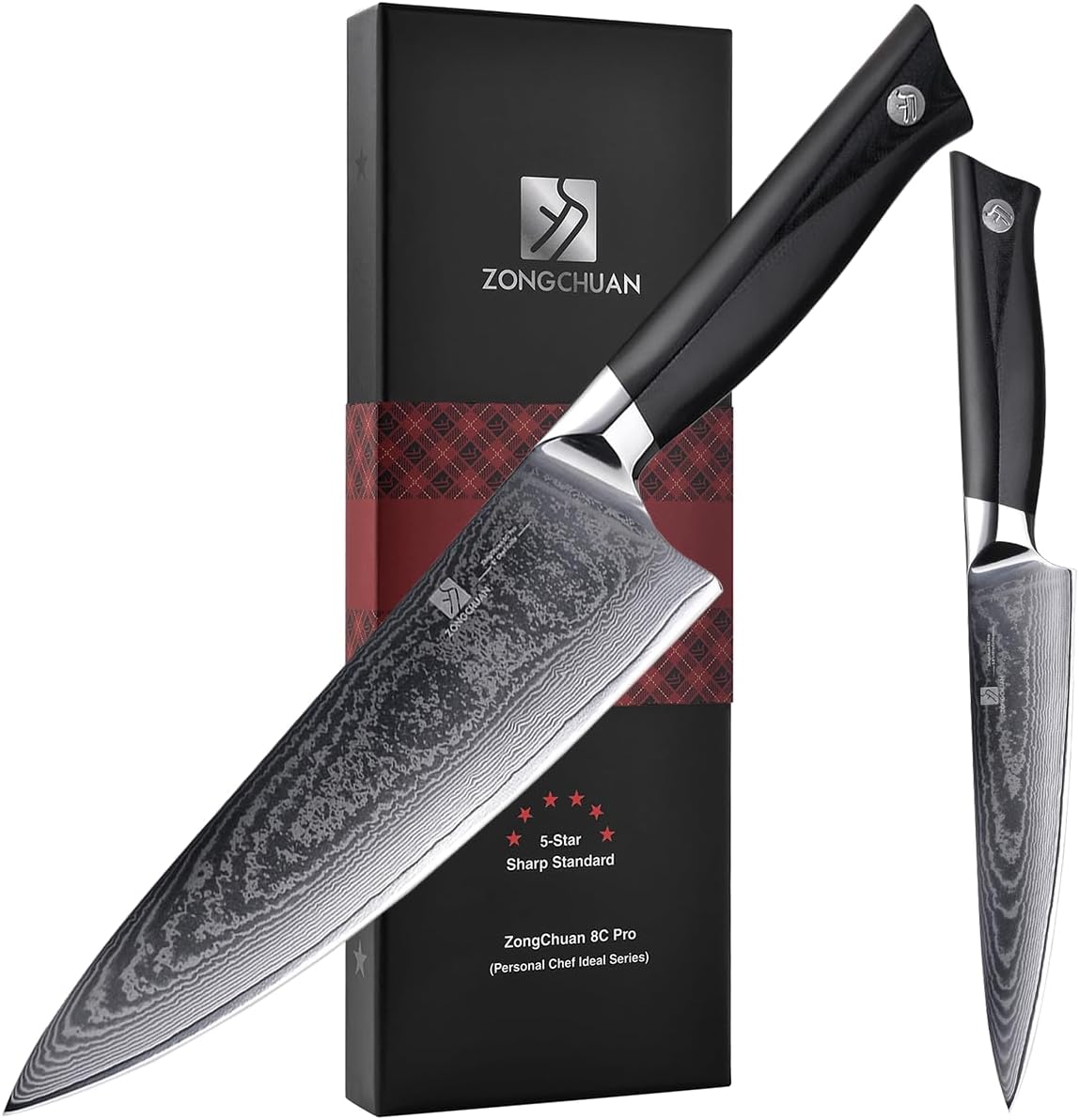 8C Pro Damascus Kitchen Knife Set 2pc,8" Chef Knife and 5.5" Utility Knife,High Carbon Stainless Steel,5-Star Sharpness,Black Ergonomic G10 Handle,Love's Gift Box